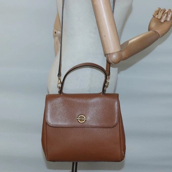 CELINE Hand Bag Leather 2way Brown Gold Auth - Picture 1 of 16